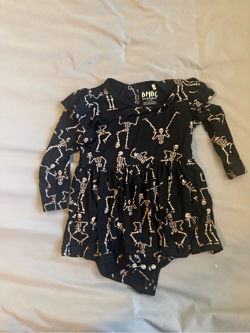 Bare Moon Bamboo Black Skeleton Print Long-Sleeve romper dress 18-24M